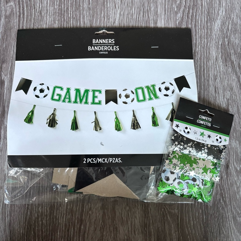 Party City Soccer Celebration Banner and Confetti Set - Green, Black, White